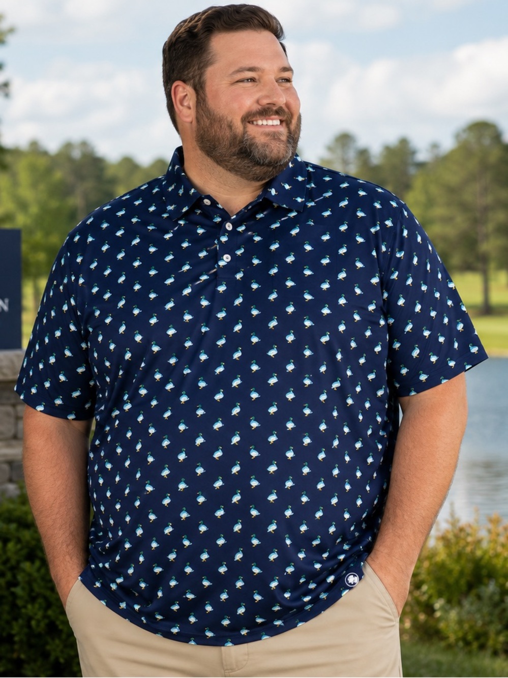 Southern Proper Polo Men’s 3X Navy Mallard Duck Print Performance Golf Shirt